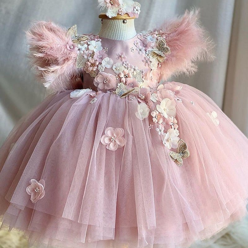 Girls Luxury Handmade Dress with Feather Pink / 150cm 9-10 YEARS Girls Luxury Handmade Dress with Feather Pink / 150cm 9-10 YEARS