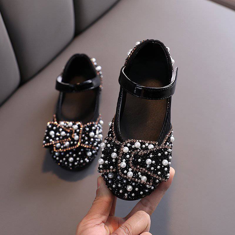little girl party shoes in black little girl toddler shoes for parties and birthday and wedding with gold pearl leather حذاء اطفال للحفلات 