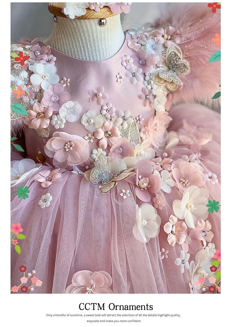 Girls Luxury Handmade Dress with Feather Pink / 150cm 9-10 Years