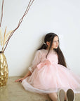 pink eid dress for girls with fyonka Polka Dot Lace Dress ملابس اطفال فخمه
